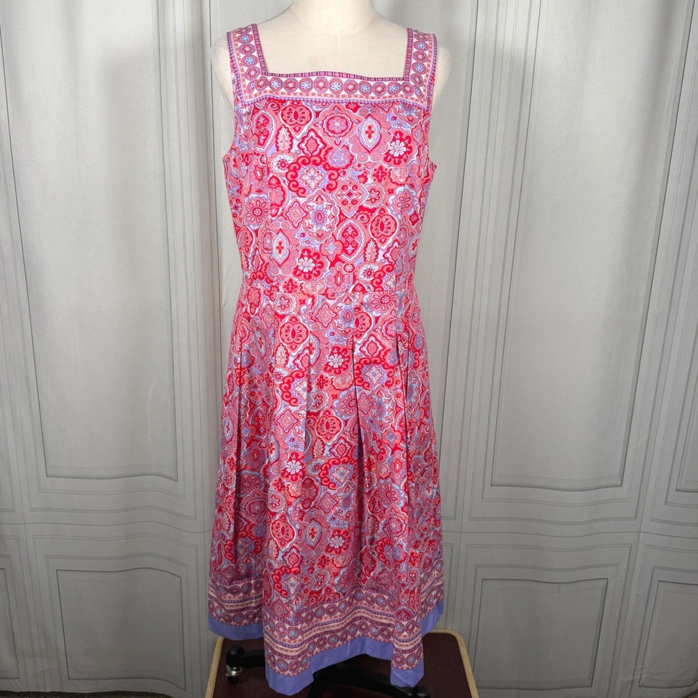 NWT Talbots Medallion‎ A-Line Sleeveless Dress Red Purple Pleated Pockets 10